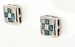14k White Gold, Checkerboard .50ctw Natural White & Blue Diamonds Stud Earrings.